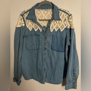 We the Free Denim button down long sleeve shirt with crochet detail Large